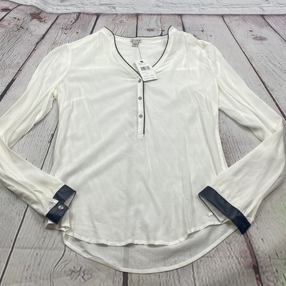 NWT Guess White chiffon Henley faux leather detail XS